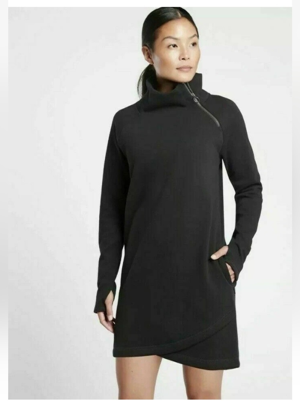 ATHLETA Cozy Karma Asym Sweatshirt Dress BLACK large POCKETS
